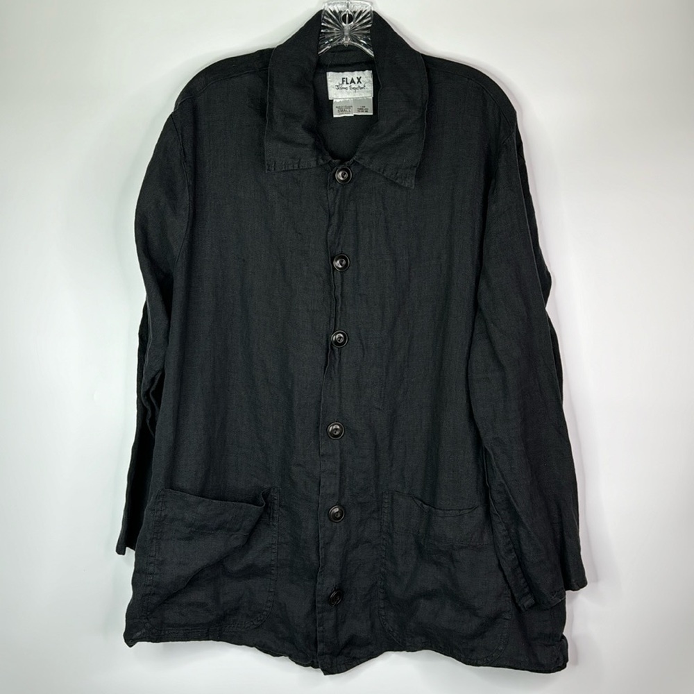 Vintage Flax Black Linen Button Down Lagenlook Shaket Jacket Small